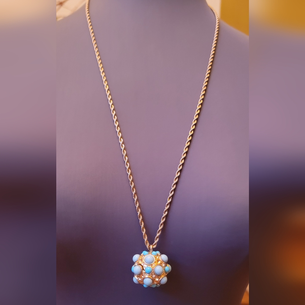 90s Kenneth Lane Round Pendant Faux Turquoise Cabochons Long Chain Necklace 32”